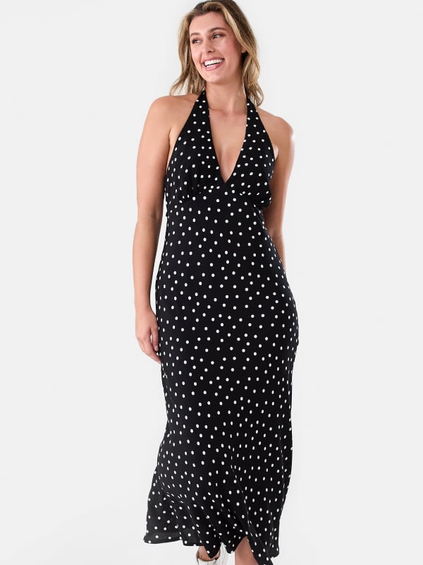 Sleeveless halter midi dress. Sizes: 6-20. $32.