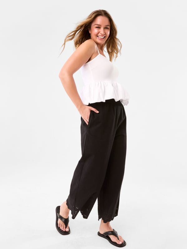 Embroidered hem pant. Sizes: 6-20. $32.