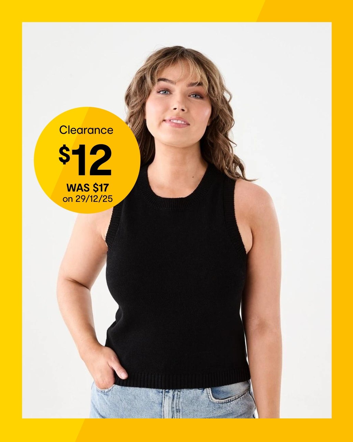 Sleeveless cotton blend knit top $17. Was $15 on on 29/12/25.