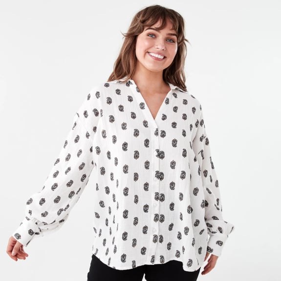 Paisley double cloth shirt $14. Was $23 on 29/12/25.