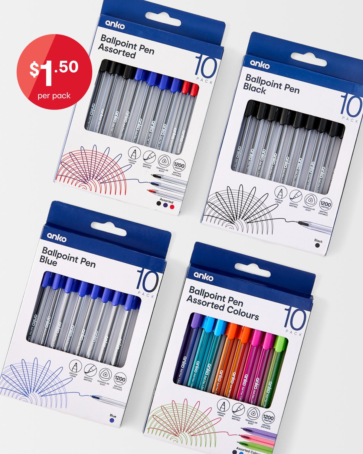 10 Pack Assorted Colours Ballpoint Pens $1.50 per pack.