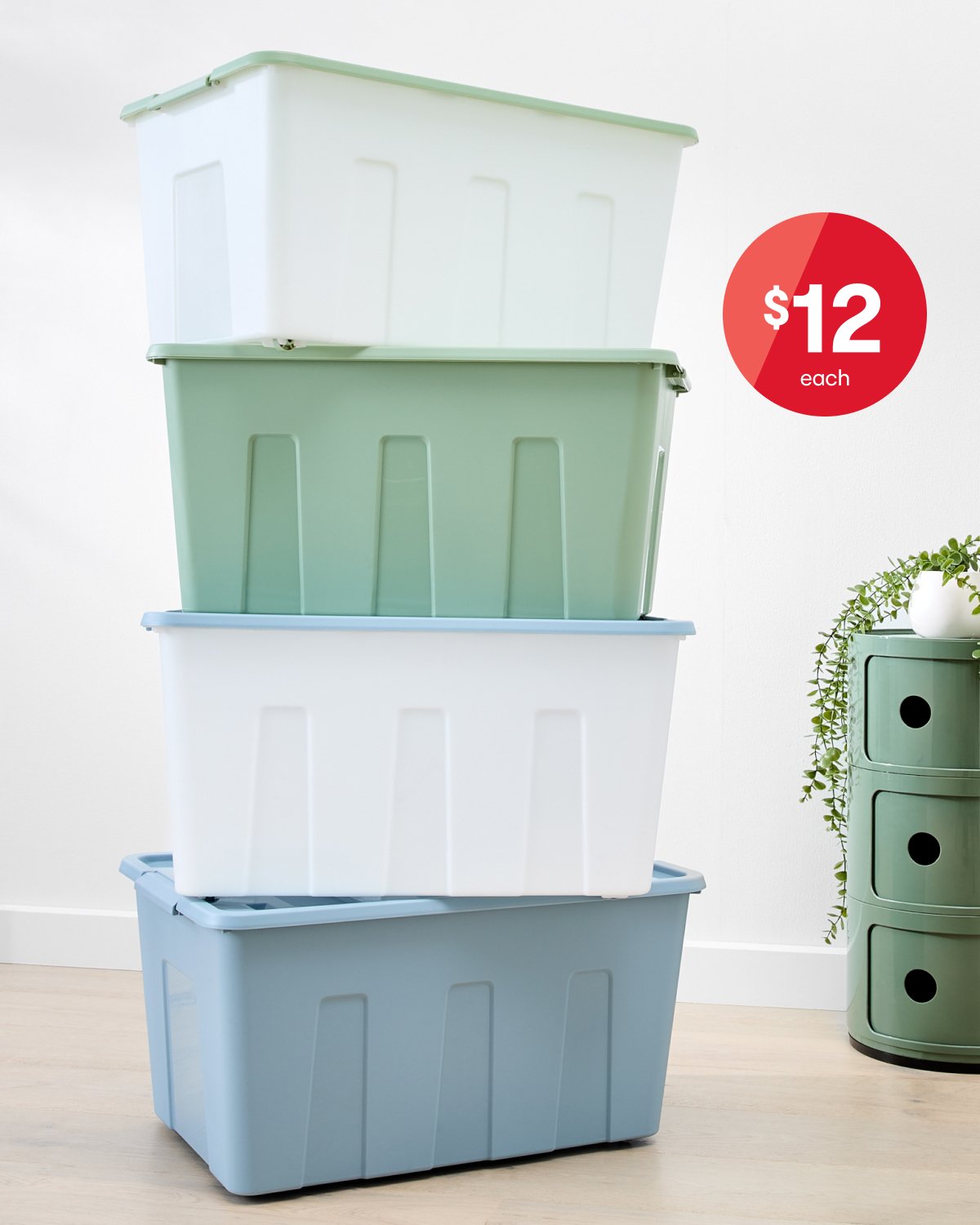 Assorted 60L storage tubs $12ea.