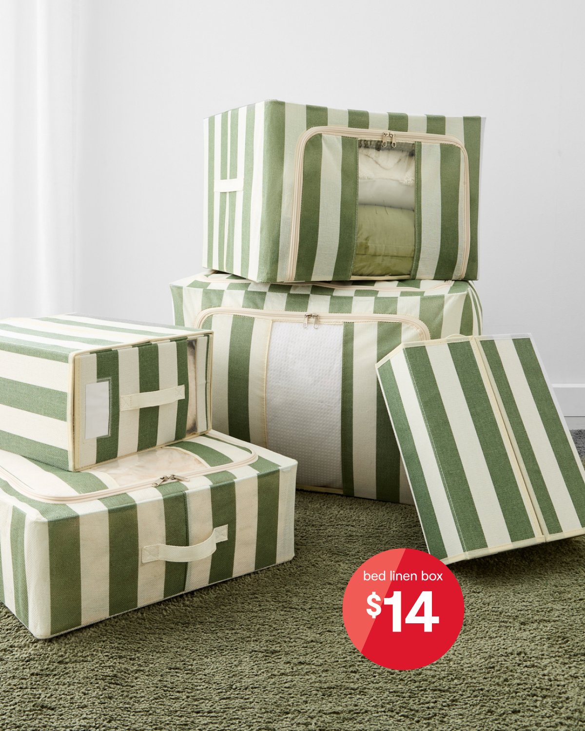 Linen look bed linen box green stripe.