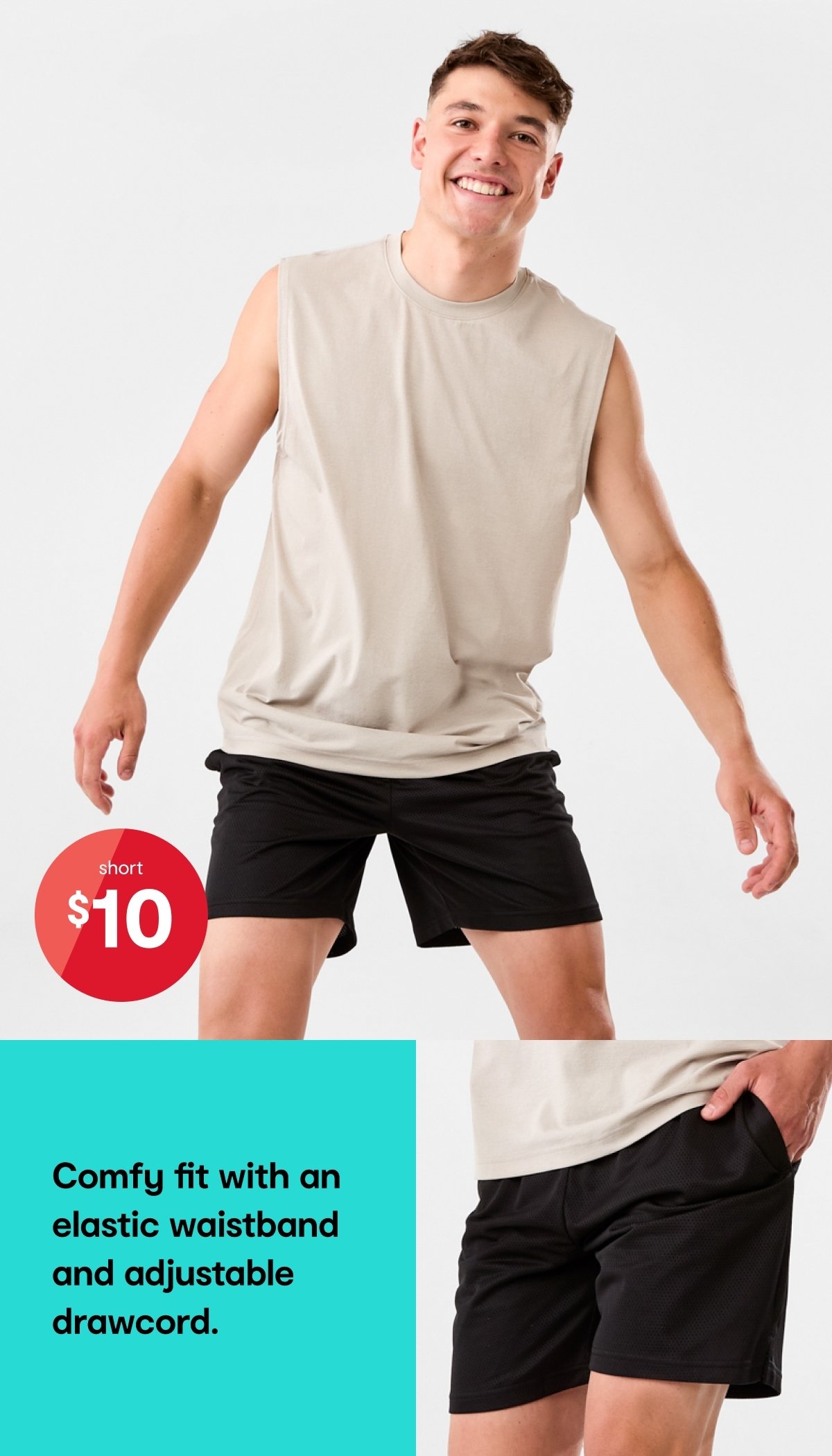 Performance mesh short $10. Oversized training muscle tee $12.