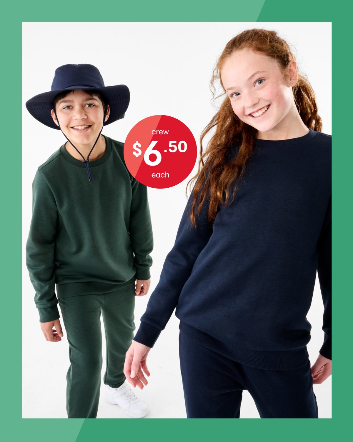 Basic crew sweat. Sizes: 4-16. $6.50ea. Basic trackpant. Sizes: 4-16. $6.50ea.