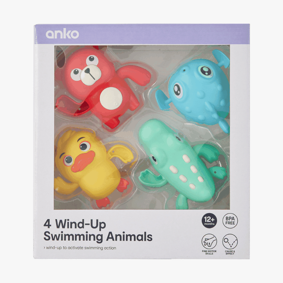4 pack wind up bath toys $11. WAS $12 on 27/01/26. 
