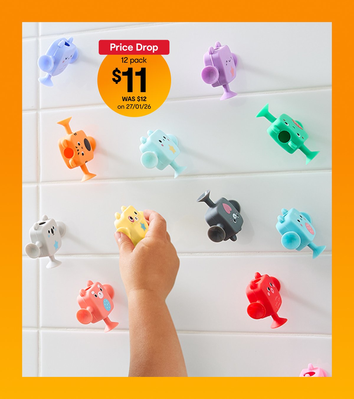 12 pack bath suction toys $11. WAS $12 on 27/01/26. 