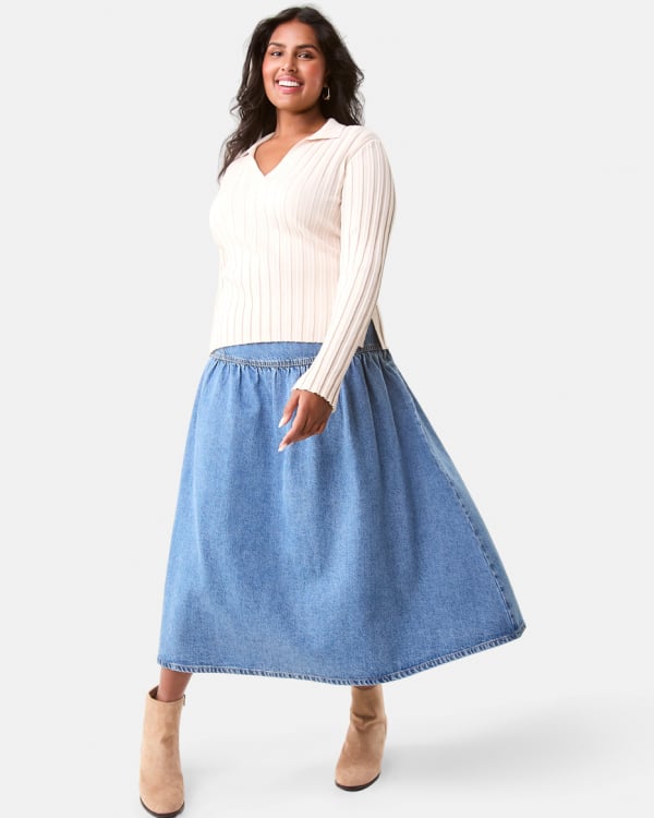 Denim yoke maxi skirt. Sizes: 6-20. $34. 