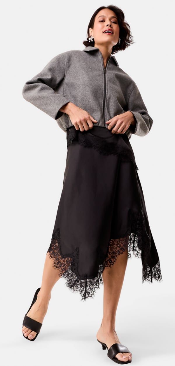 Satin lace trim cami. Sizes: 6-20. $20. Bubble hem bomber. Sizes: 6-20. $42. Satin asymmetrical lace trim skirt. Sizes: 6-20. $25.