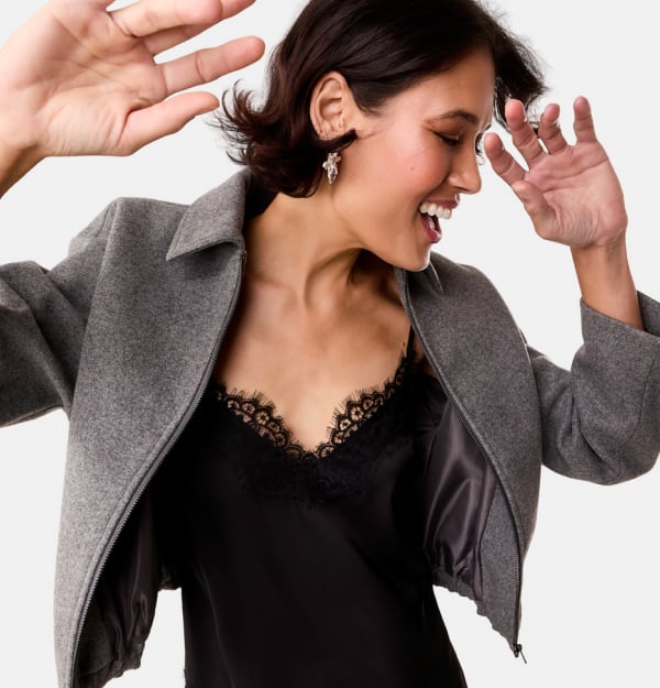 Satin lace trim cami. Sizes: 6-20. $20. Bubble hem bomber. Sizes: 6-20. $42. Satin asymmetrical lace trim skirt. Sizes: 6-20. $25.