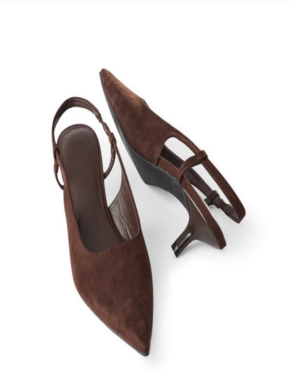 Oversized satin shirt. Sizes: 6-20. $29. Satin pant. Sizes 6-20. $24. Slingback kitten heel. Sizes: 5-11. $25pr.