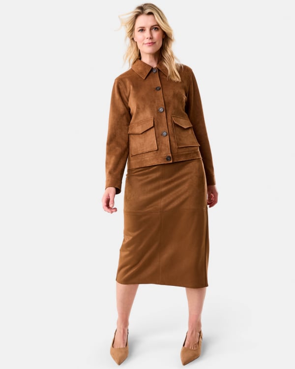 Slingback kitten heel. Sizes: 5-11. $25pr. Suedette pencil midi skirt. Sizes: 6-20. $29.