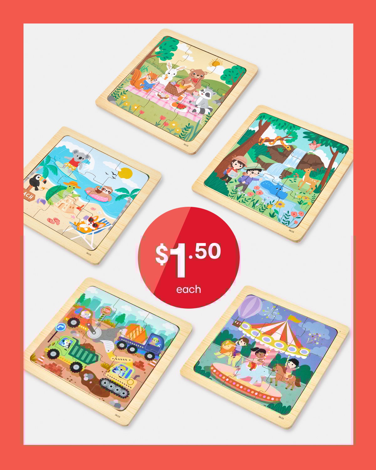 Assorted wooden jigsaw puzzle $1.50ea.