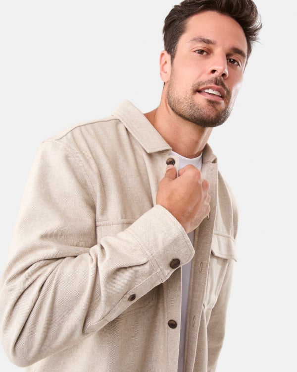 Textured herringbone overshirt. Sizes: XS-4XL. $28. Slim stretch jean. Sizes: 28-44. $30.