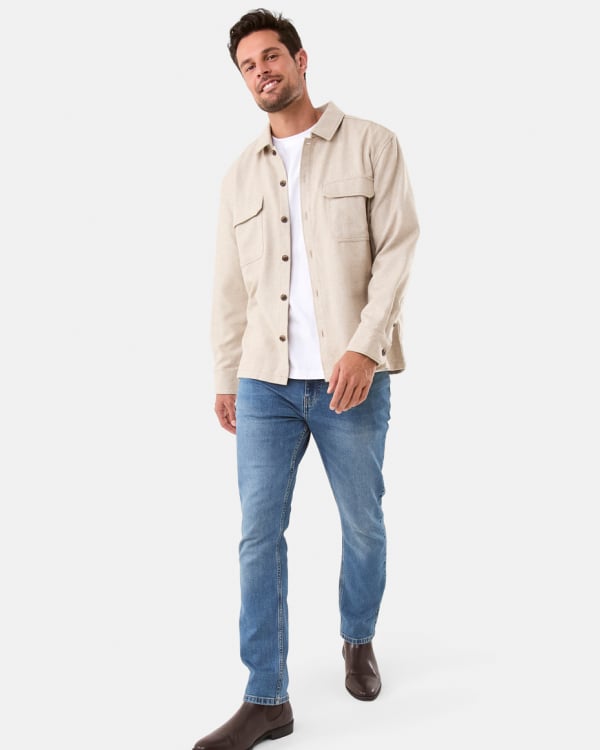 Textured herringbone overshirt. Sizes: XS-4XL. $28. Slim stretch jean. Sizes: 28-44. $30.