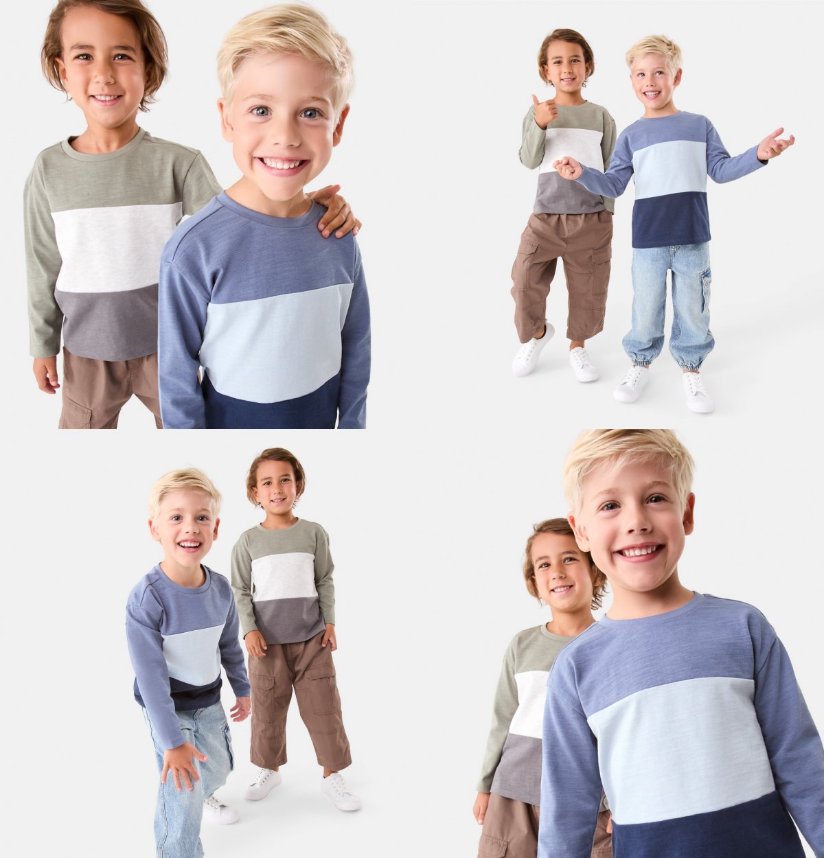 Kids long sleeve panel tee. Sizes: 1-9. $7ea. Kids denim cargo jogger. Sizes: 1-9. $22ea. Kids cargo pant. Sizes: 1-9. $20ea.