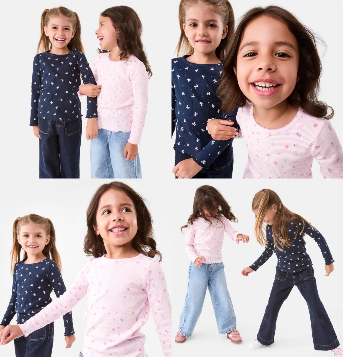 Kids long sleeve rib tee. Sizes: 1-9. $7ea. Kids front pocket jean. Sizes: 1-9. $22ea. Kids wide leg jean. Sizes: 1-9. $20ea.