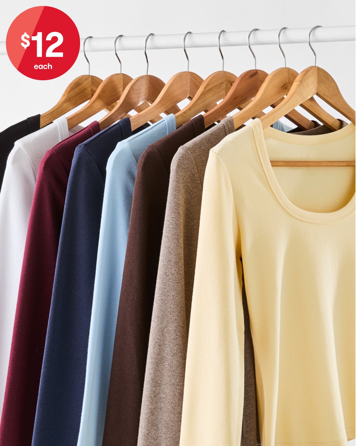 Womens long sleeve rib scoop neck tee. Sizes:6-20. $12ea.