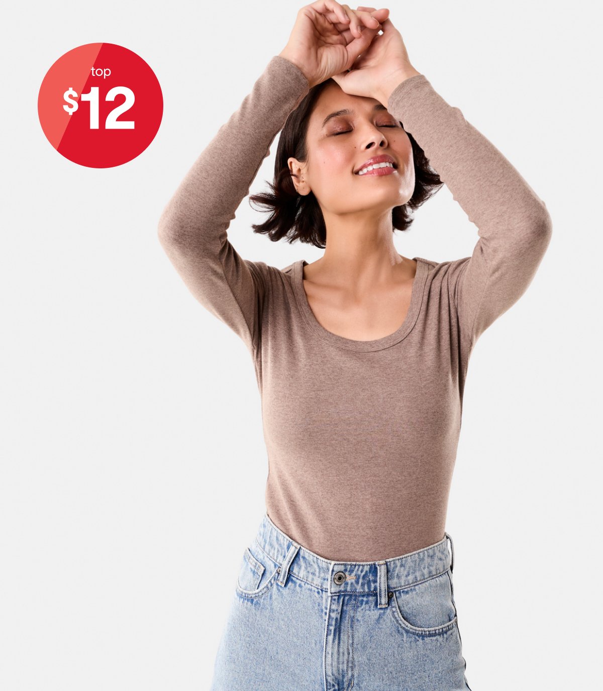 Womens long sleeve rib scoop neck tee. Sizes:6-20. $12.