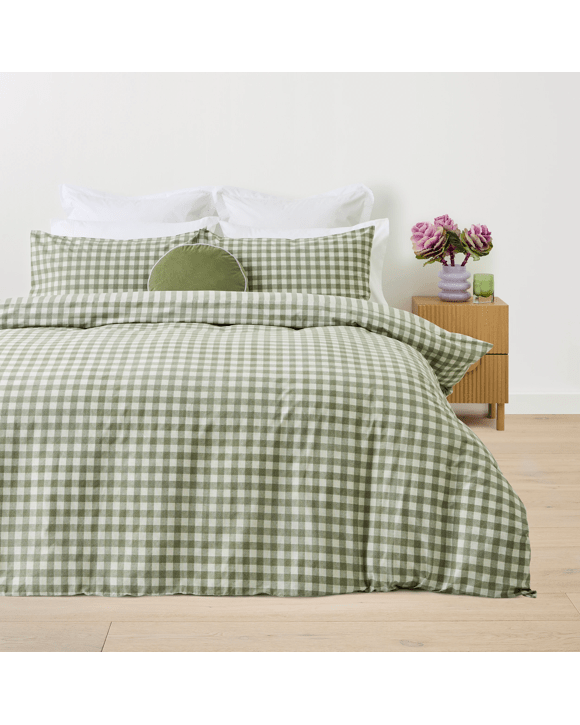 Gingham Cotton Rich Reversible Quilt Cover Set - Queen Bed, Green