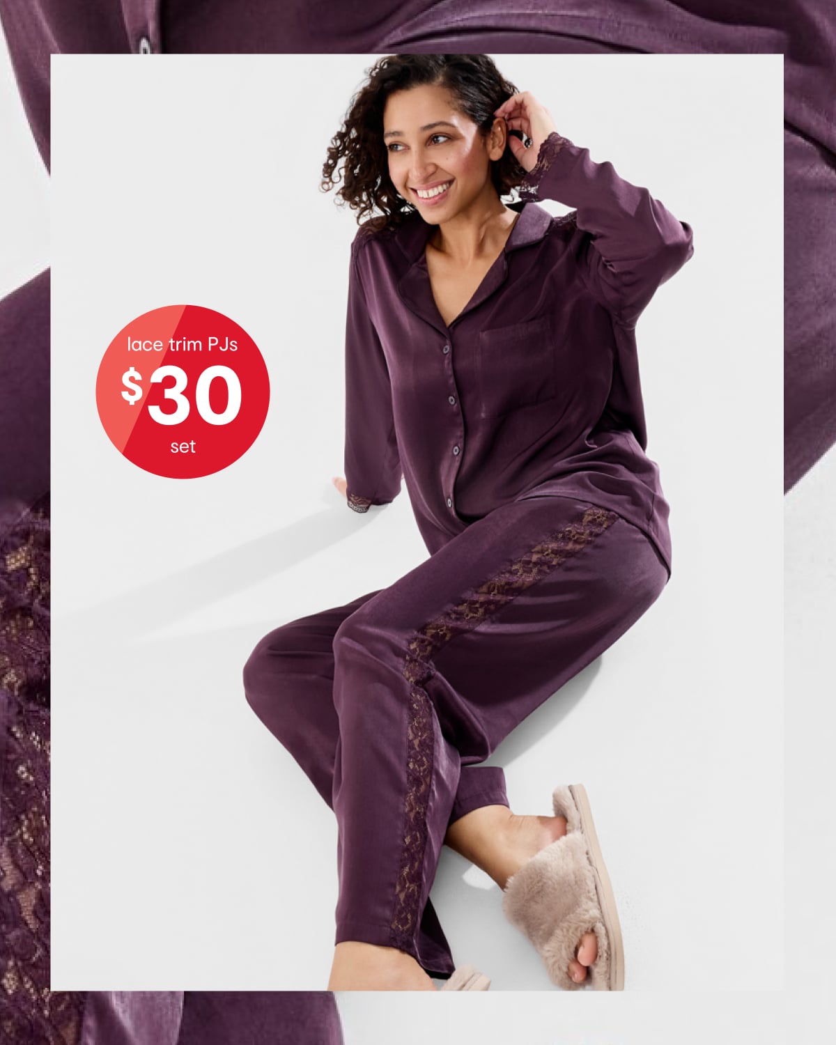 Lace trim matte satin pyjama set