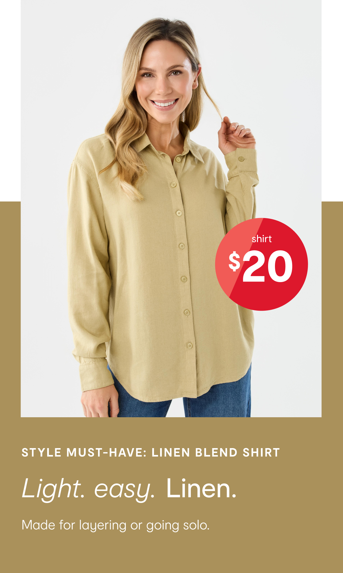 Linen blend shirt. Sizes: 6-20. $20.