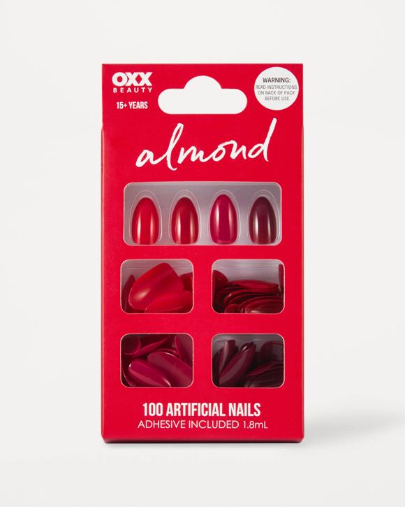 OXX Beauty 100 Pack Artificial Nails with Adhesive - Almond Shape, Red