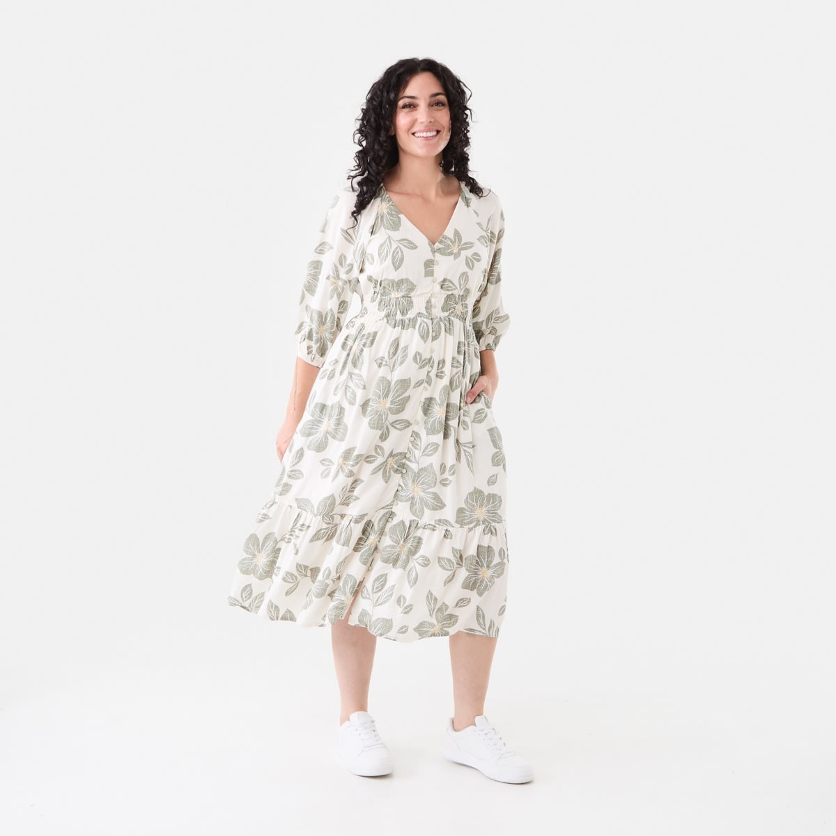 Short Sleeve Button Through Midi Dress-Soft Floral Soft Khaki12