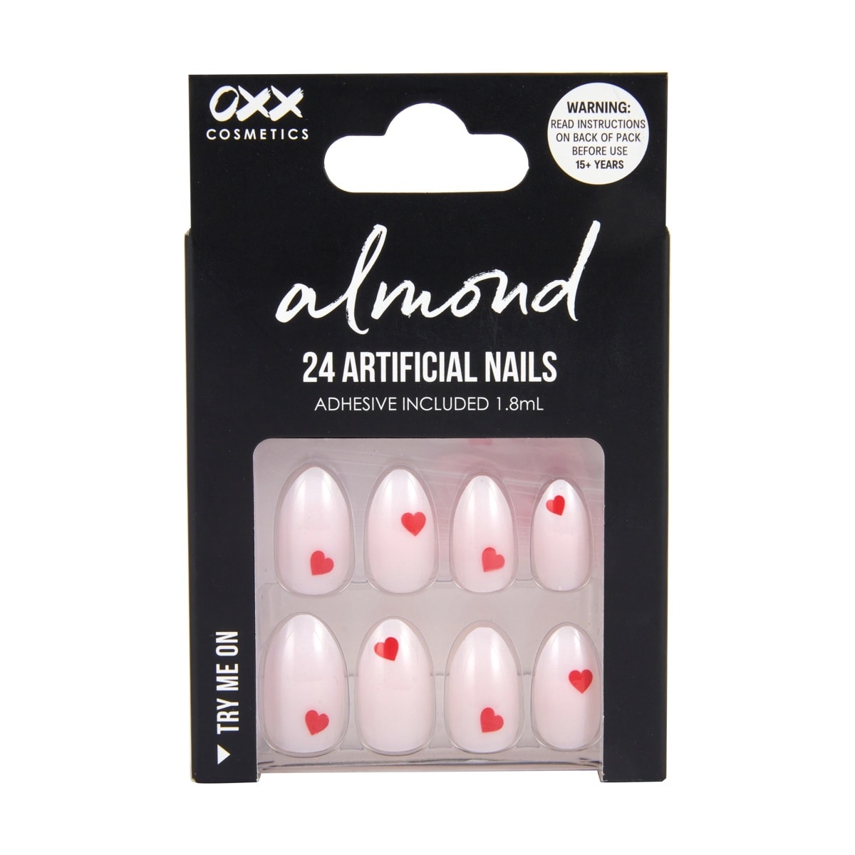 OXX Cosmetics 24 Pack Artificial Nails with Adhesive - Almond Shape, Milky White Hearts