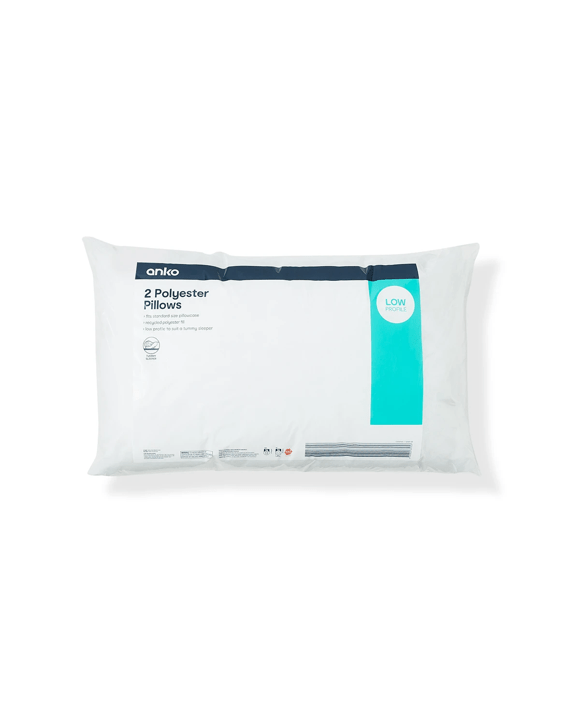 2 Pack Polyester Pillows - Low Profile, White