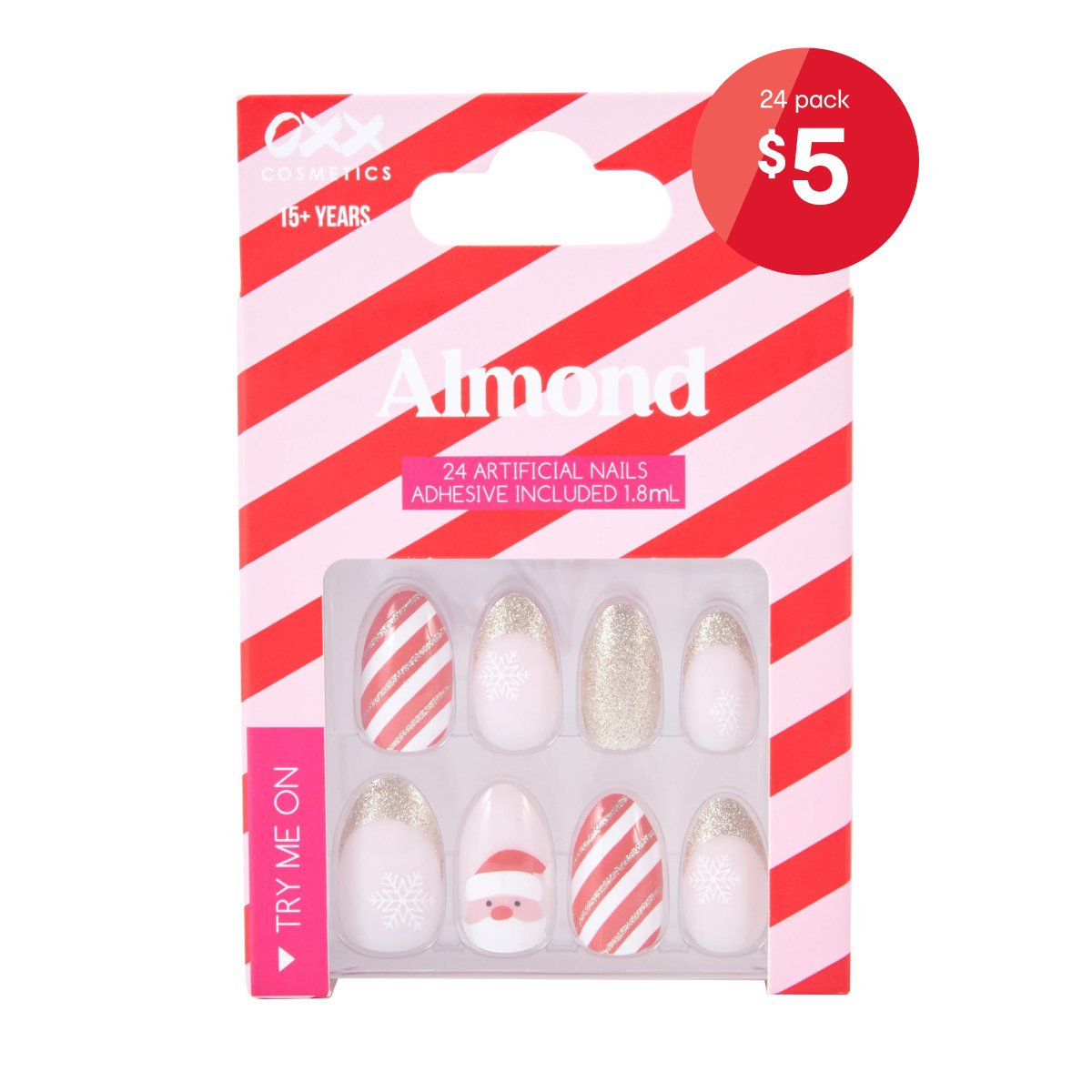 OXX Cosmetics 24 Pack Artificial Nails with Adhesive - Almond Shape, Red
