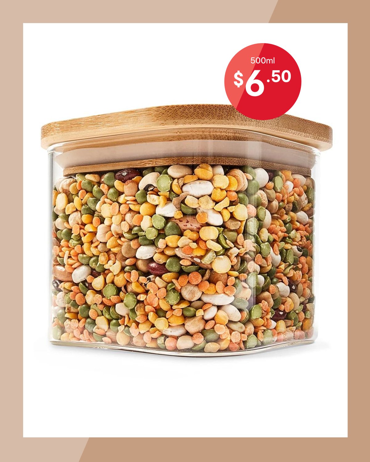 500ml glass container with bamboo lid $6.50.