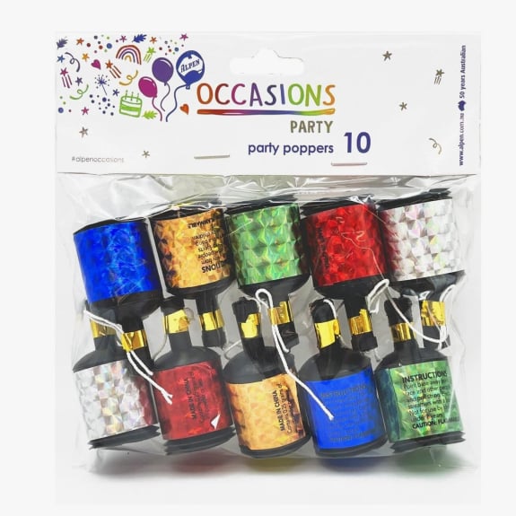 10 pack party poppers $2.50.