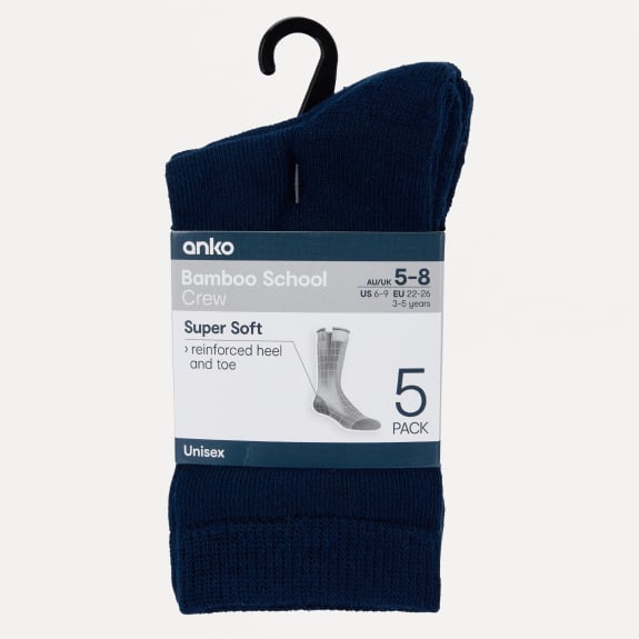 Bamboo school crew socks 5 pack $10.