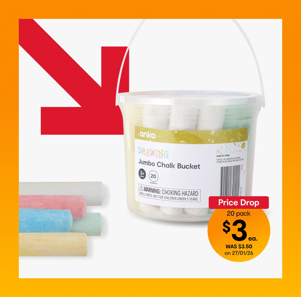 20 pack jumbo chalk bucket $3. WAS $3.50 on 27/01/26. 