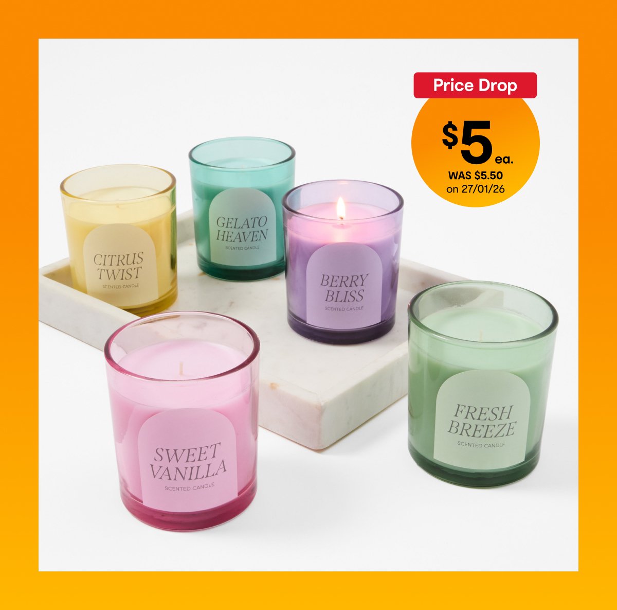 Coloured candles $5ea. WAS $5.50 on 27/01/26. 