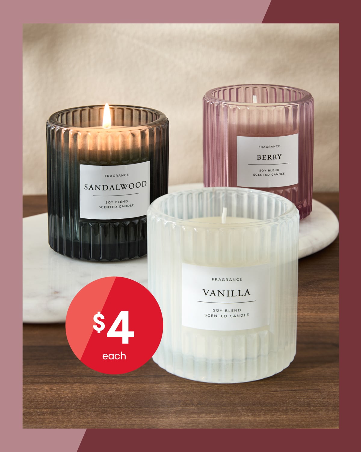 Sandalwood, vanilla or berry candle $4ea.