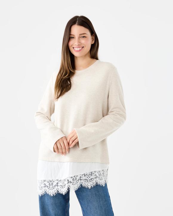 Long Sleeve Brushed Lace Trim Top