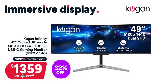 Kogan Infinity 49" Curved Ultrawide QD-OLED Dual QHD 5K 144Hz 0.03ms USB-C Gaming Monitor (5120x1440)