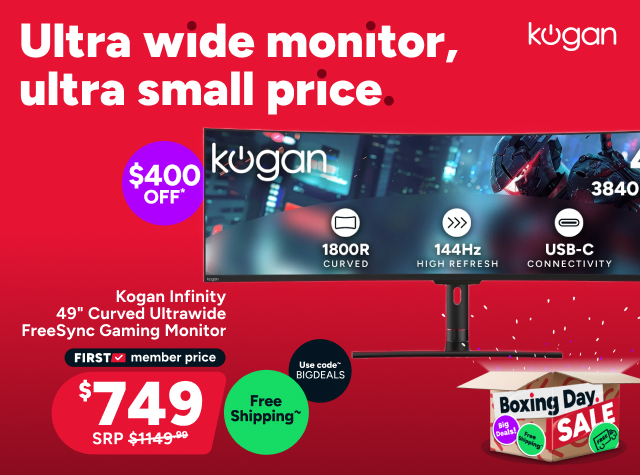 Kogan Infinity 49 inch Curved Ultrawide DFHD 144Hz 1ms FreeSync USB-C Gaming Monitor (3840 x 1080) 