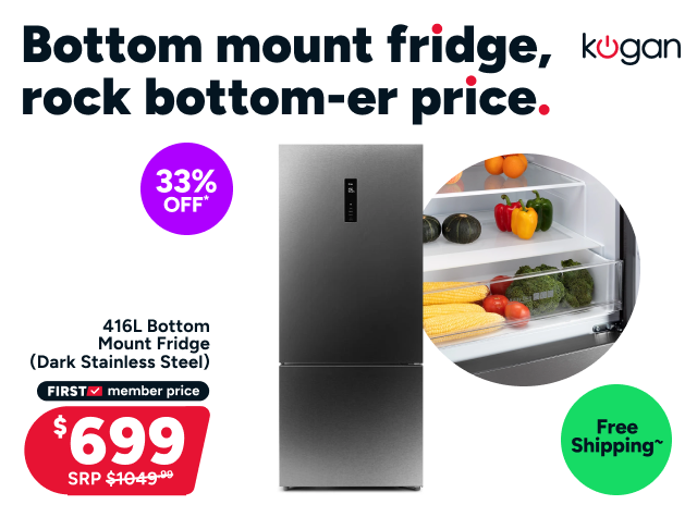 Kogan 416L Bottom Mount Fridge (Dark Stainless Steel)