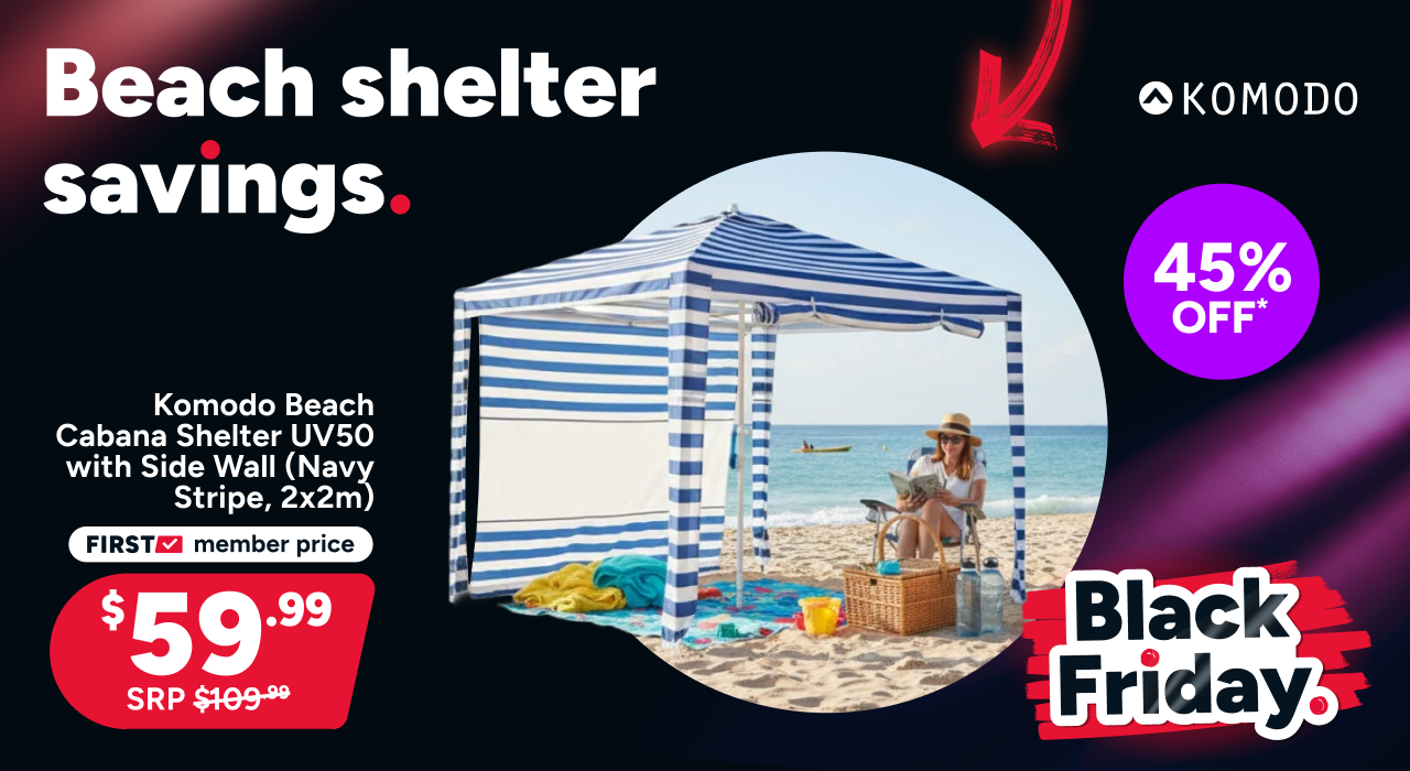 Komodo Beach Cabana Shelter UV50 with Side Wall (Navy Stripe, 2x2m)