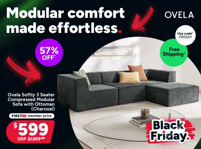 Ovela Softly 3 Seater Compressed Modular Sofa with Ottoman (Charcoal)