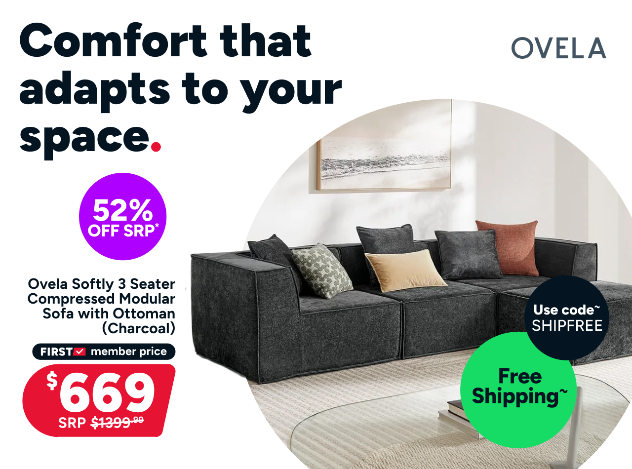 Ovela Softly 3 Seater Compressed Modular Sofa with Ottoman (Charcoal)