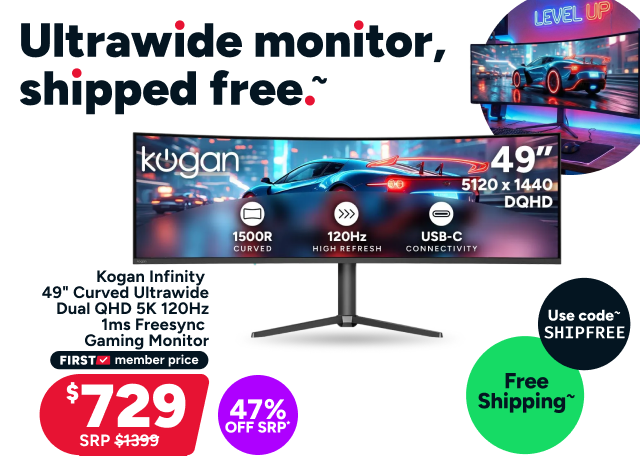 Kogan Infinity 49" Curved Ultrawide Dual QHD 5K 120Hz 1ms Freesync USB-C Gaming Monitor