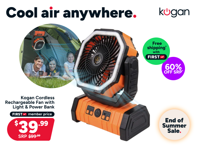 Kogan Cordless Rechargeable Fan with Light and Power Bank