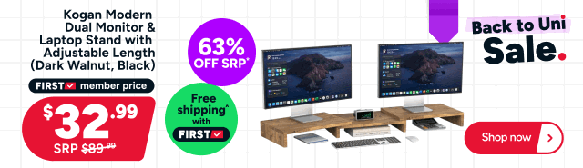 Kogan Modern Dual Monitor & Laptop Stand with Adjustable Length (Dark Walnut, Black)