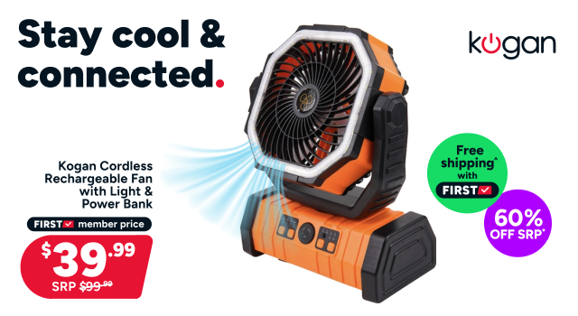 Kogan Cordless Rechargeable Fan with Light and Power Bank