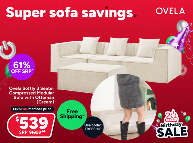 Ovela Softly 3 Seater Compressed Modular Sofa with Ottoman (Cream)