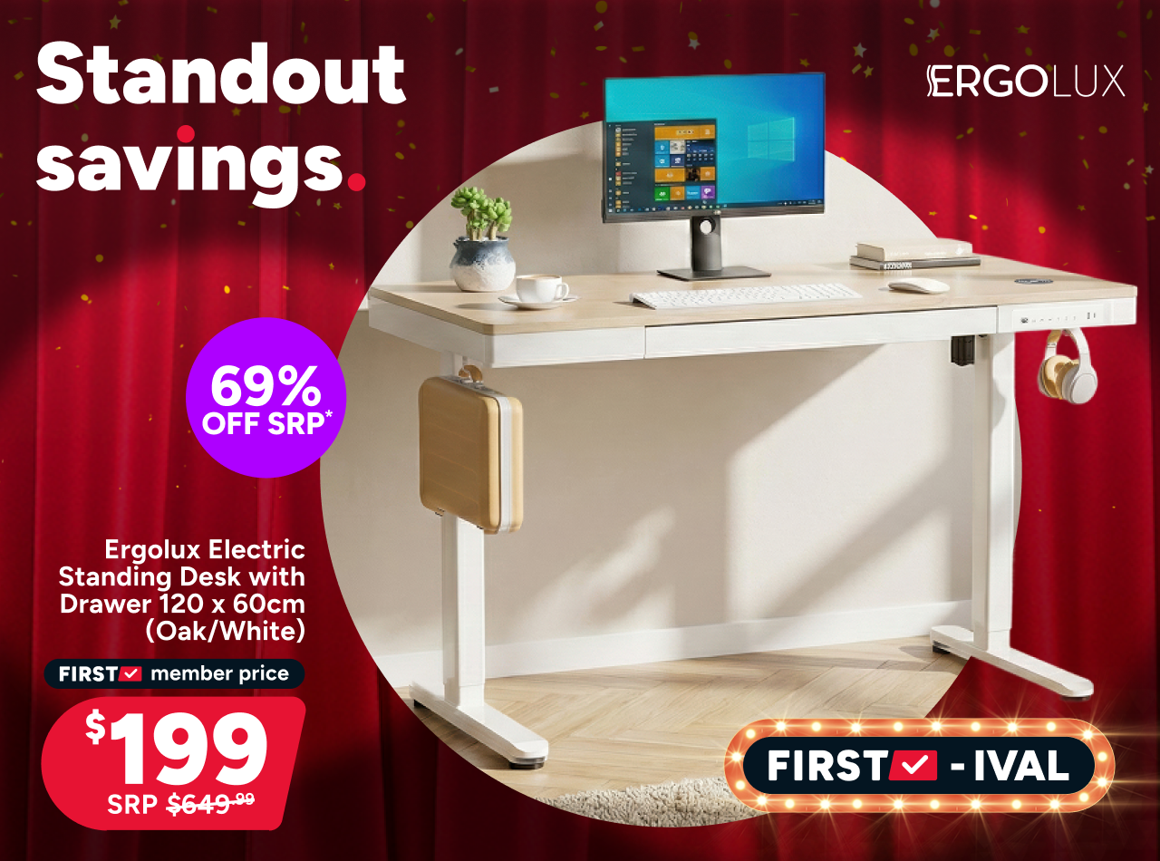 Ergolux Electric Standing Desk with Drawer 120 x 60cm (Oak/White) - $199*